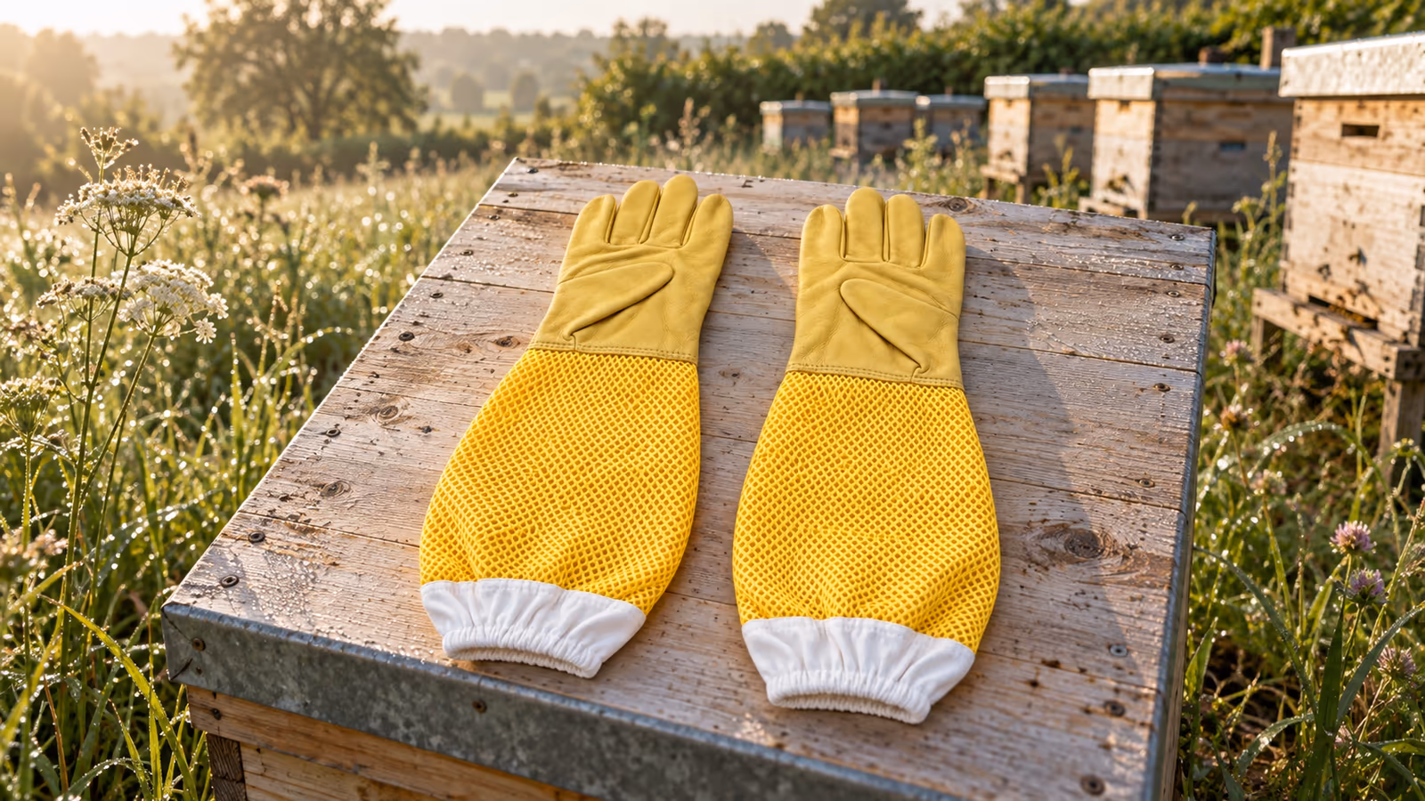 Paire de gants d'apiculteur jaunes à longs manchons en filet posée sur le toit d'une ruche en bois, dans un rucher au petit matin