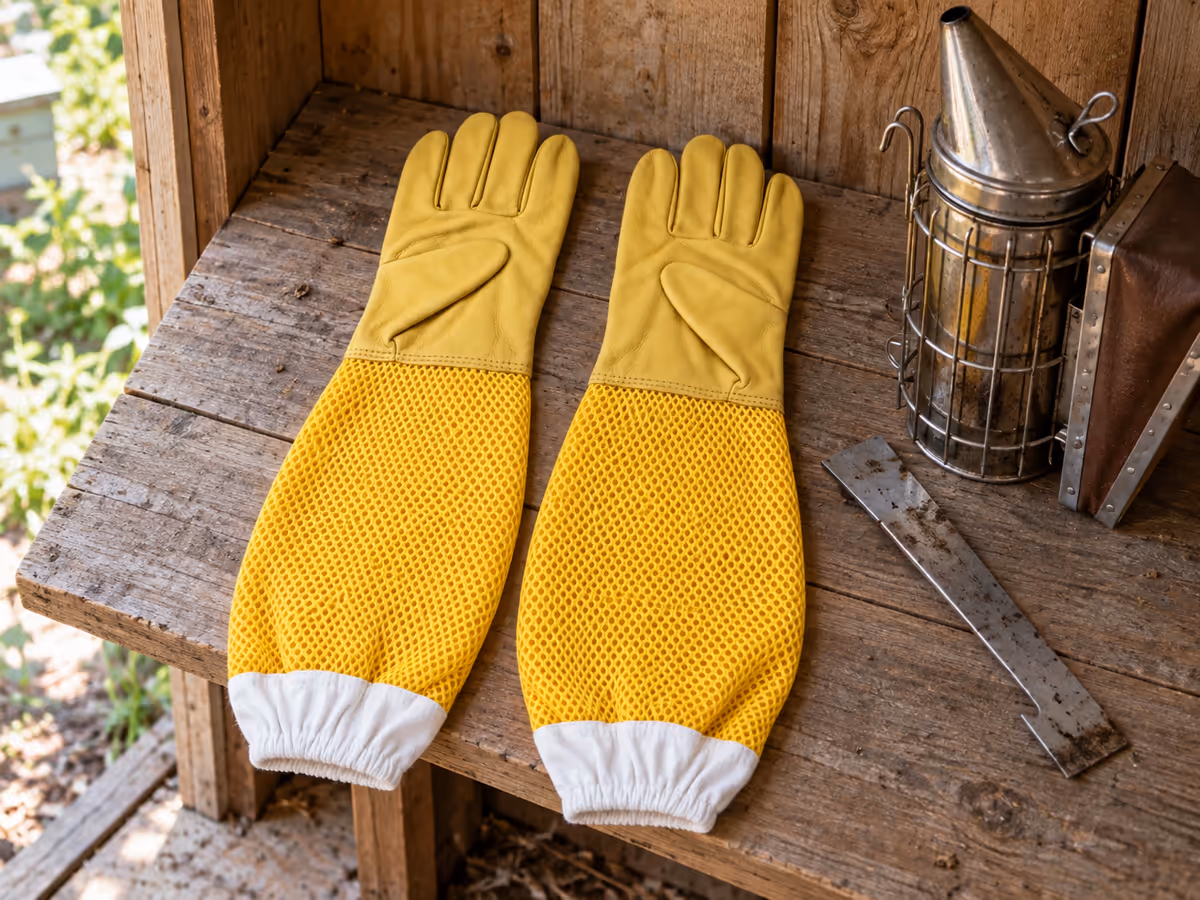 Paire de gants d'apiculteur jaunes séchée à plat sur une étagère de cabanon de jardin, à côté d'un enfumoir en inox et d'un lève-cadre