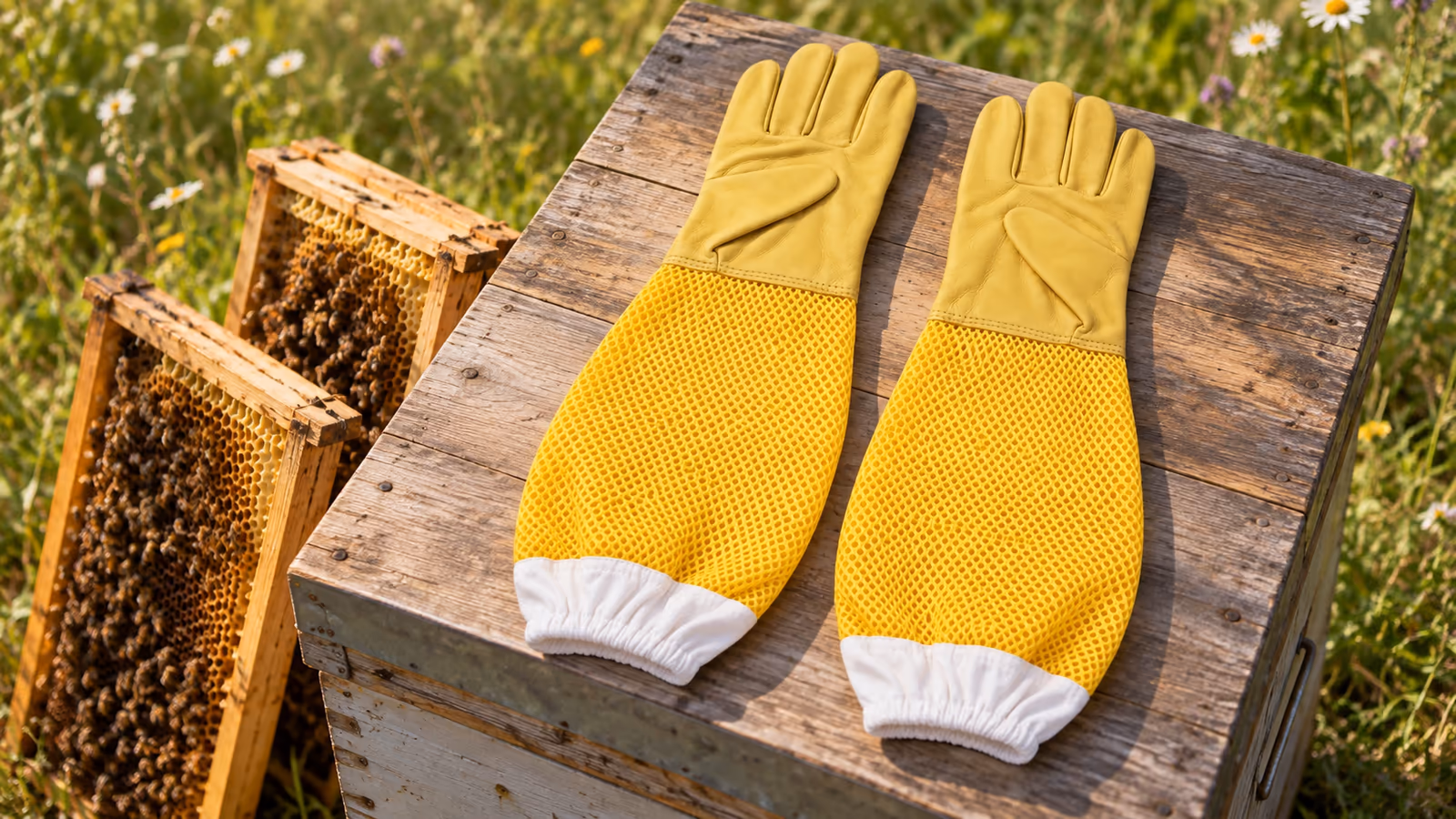 Paire de gants d'apiculteur jaunes à long manchon en filet étendue sur le couvercle d'une ruche en bois, au milieu d'un rucher ensoleillé