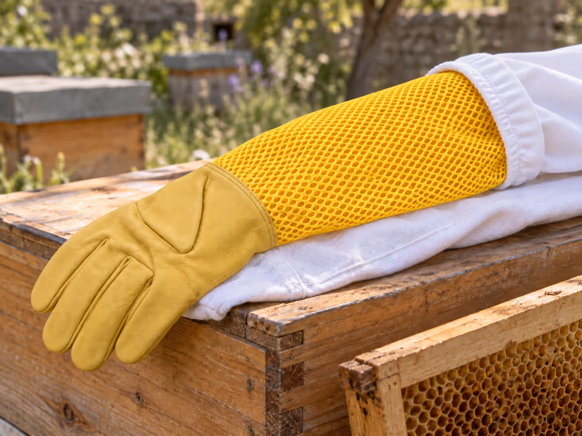 Manche d'une combinaison d'apiculteur recouverte par le manchon en filet jaune d'un gant d'apiculteur, poignet tricoté blanc rabattu sur le bras, près d'une ruche ouverte