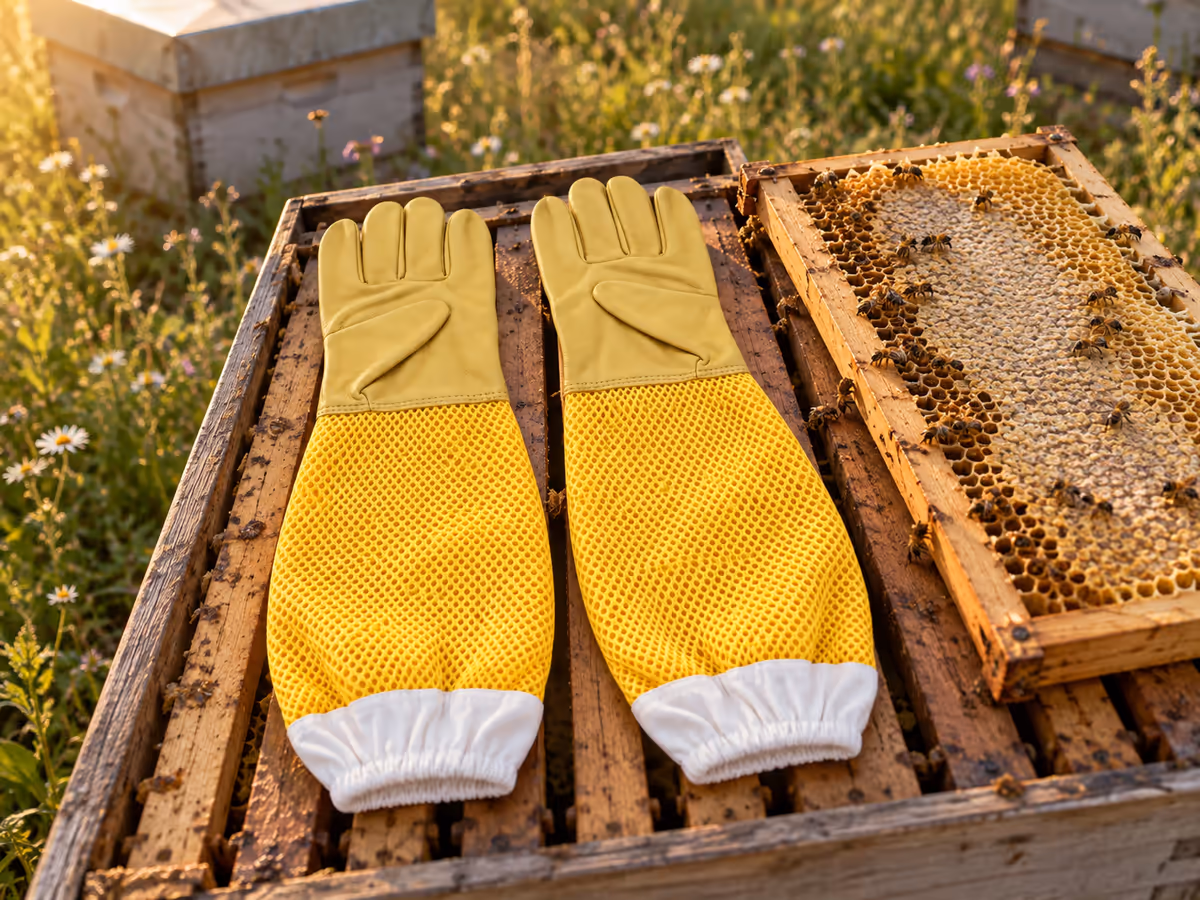 Gants d'apiculteur jaunes à long manchon posés à plat sur des cadres de ruche soulevés, lumière de fin d'après-midi sur le rucher