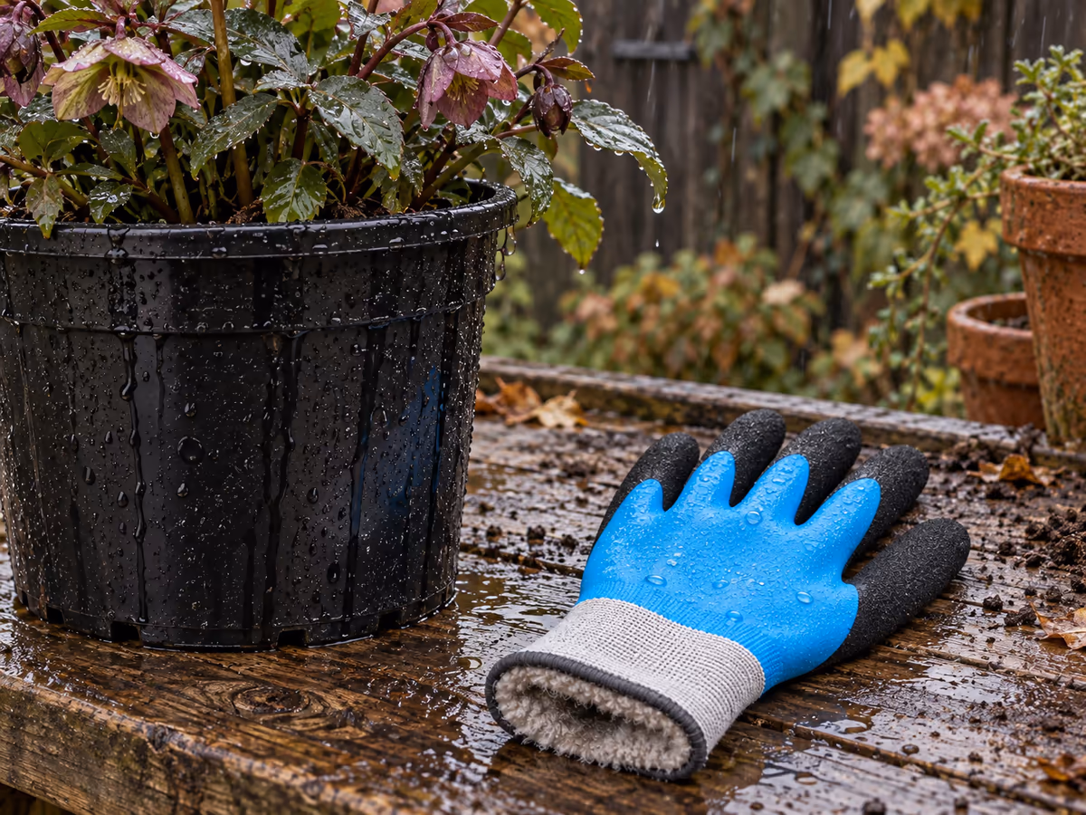 Pot en plastique noir ruisselant posé sur une table de rempotage sous une pluie fine, gouttes visibles sur la matière trempée d'un gant bleu