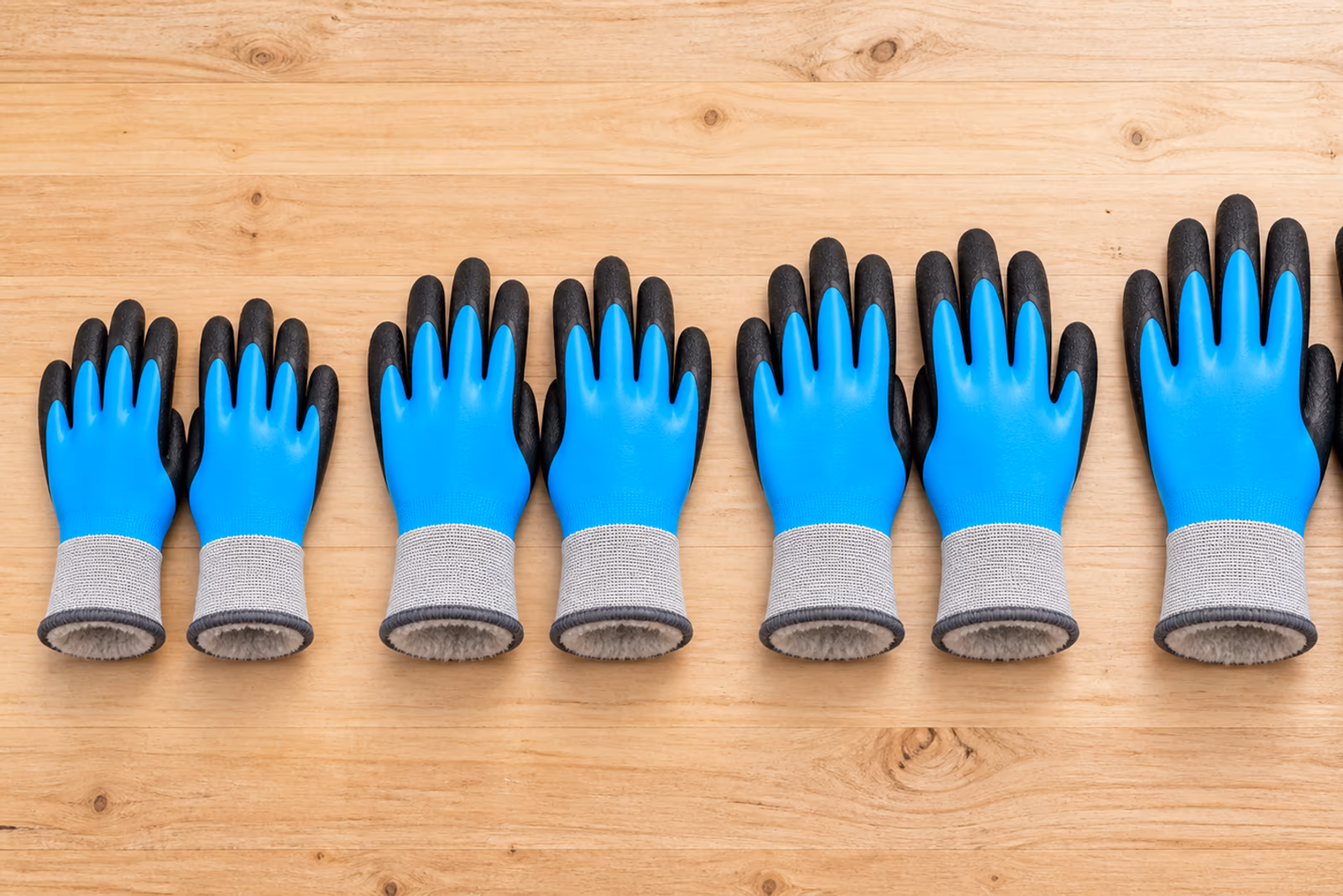 Quatre paires de gants de jardinage bleus alignées par taille sur une table en bois clair, du plus petit au plus grand