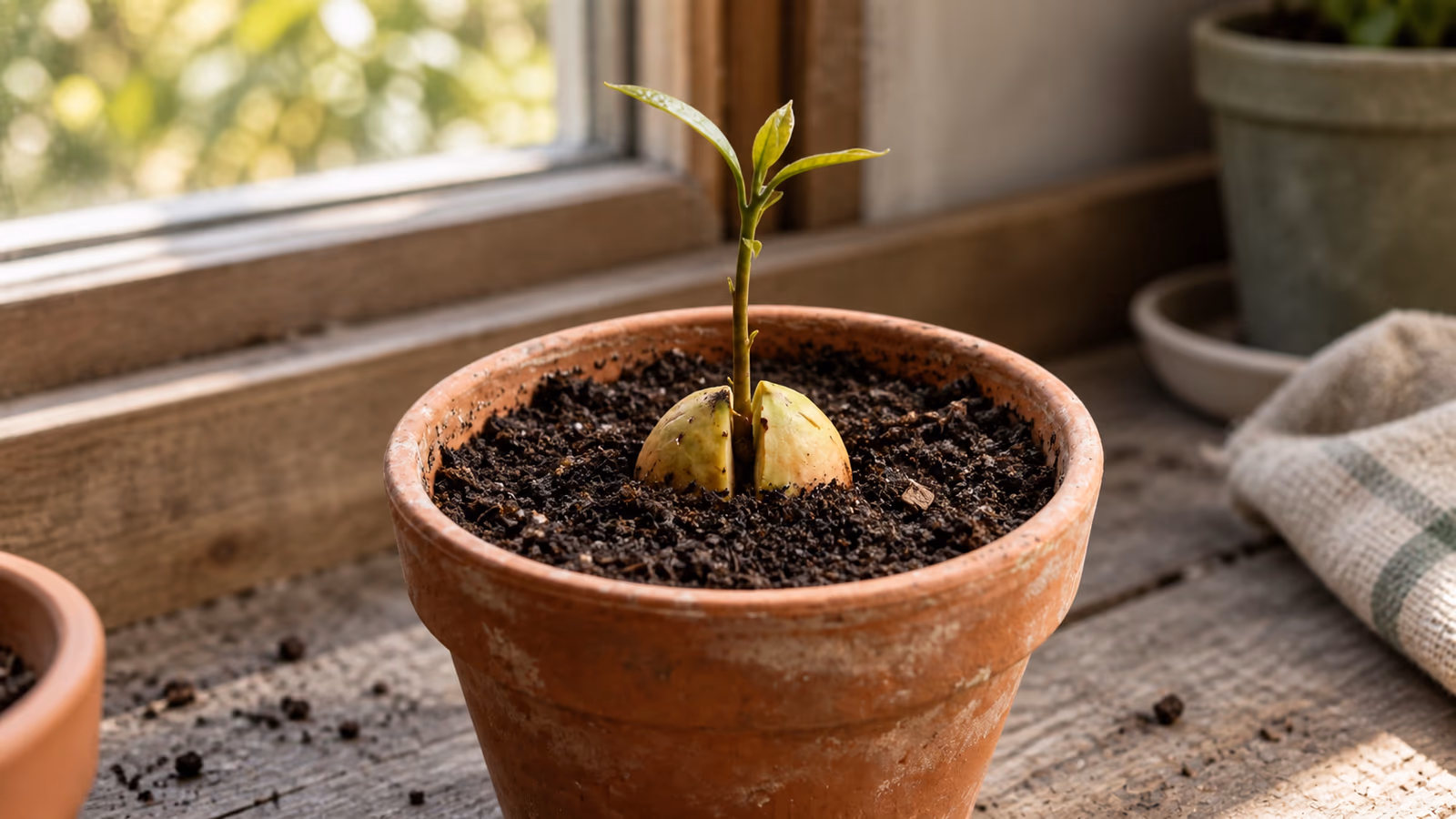 Noyau d'avocat en germination posé dans un pot de terreau humide, jeune racine pivot blanche visible et tige verte naissante