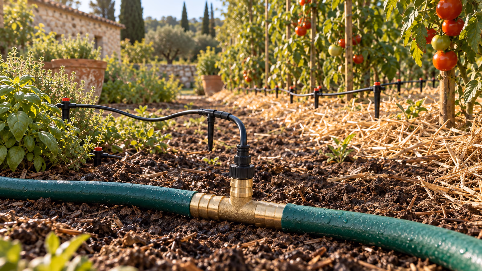 Ligne de goutte-à-goutte séparée en deux rampes par un T laiton, au pied de rangs de tomates paillés