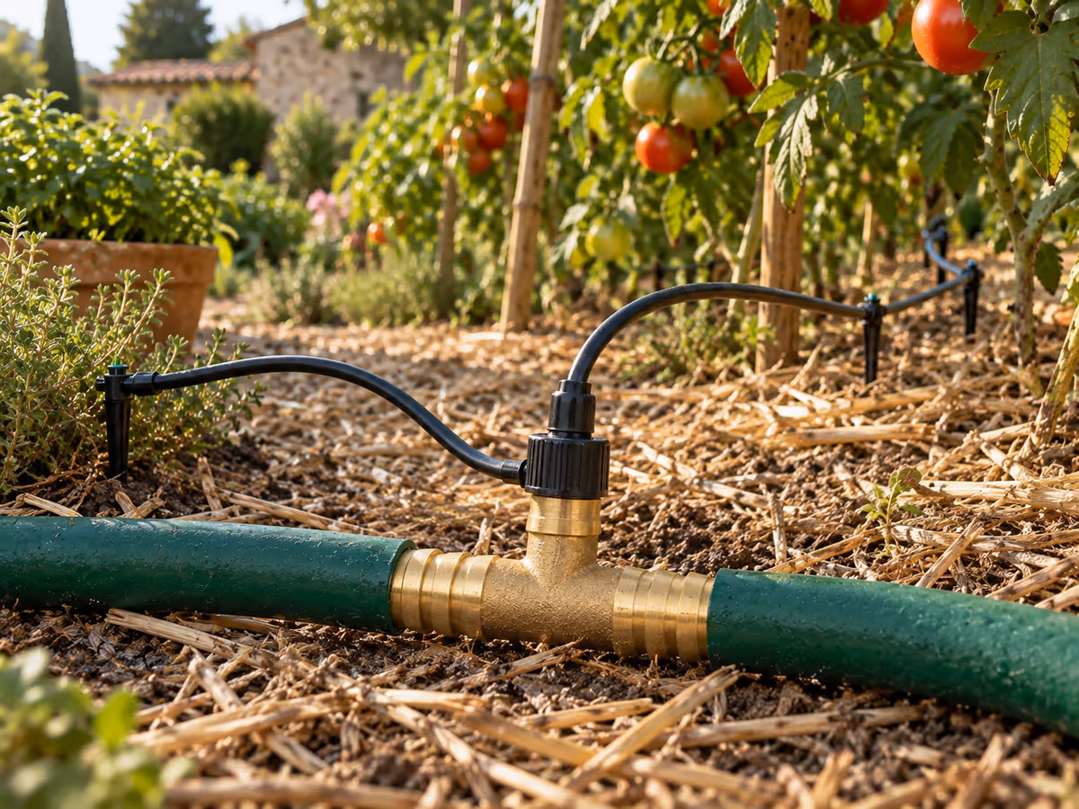 Deux rampes de goutte-à-goutte partant d'un T laiton, l'une courbant vers des rangs de tomates, l'autre plus courte vers des aromatiques