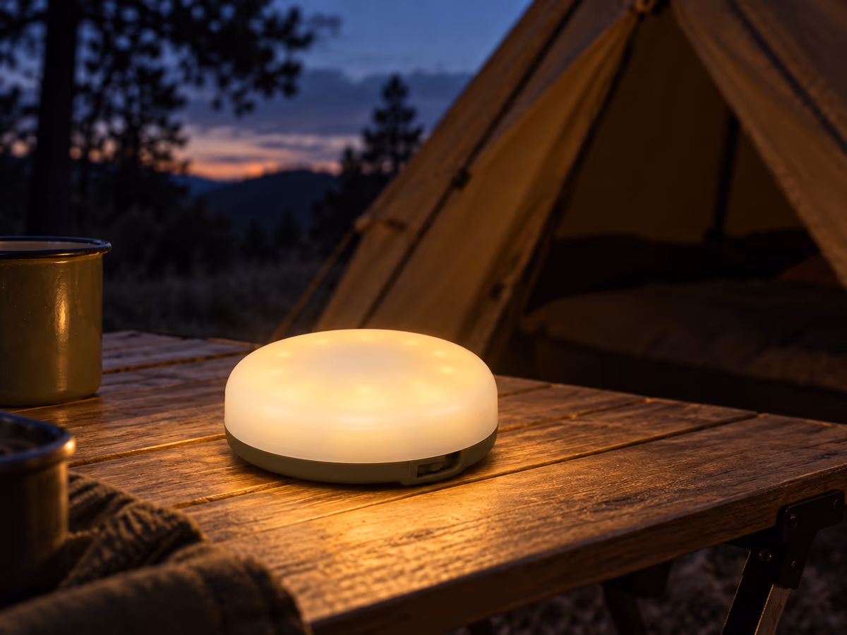 Lampe de camping ronde posée sur une table de camping en bois, dôme laiteux allumé, tente montée en arrière-plan dans la pénombre