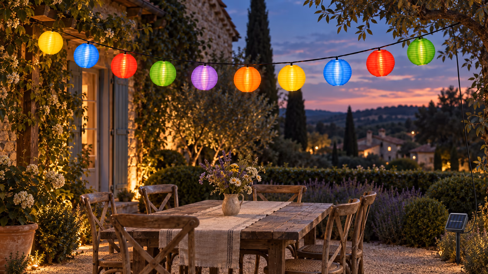 Guirlande de dix lanternes de tissu coloré suspendue au-dessus d'une table de jardin en fin de journée