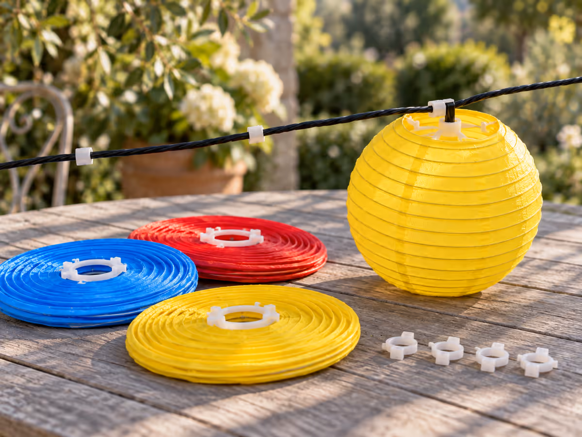 Assemblage d'une lanterne de tissu sur le connecteur plastique de la guirlande posée sur une table