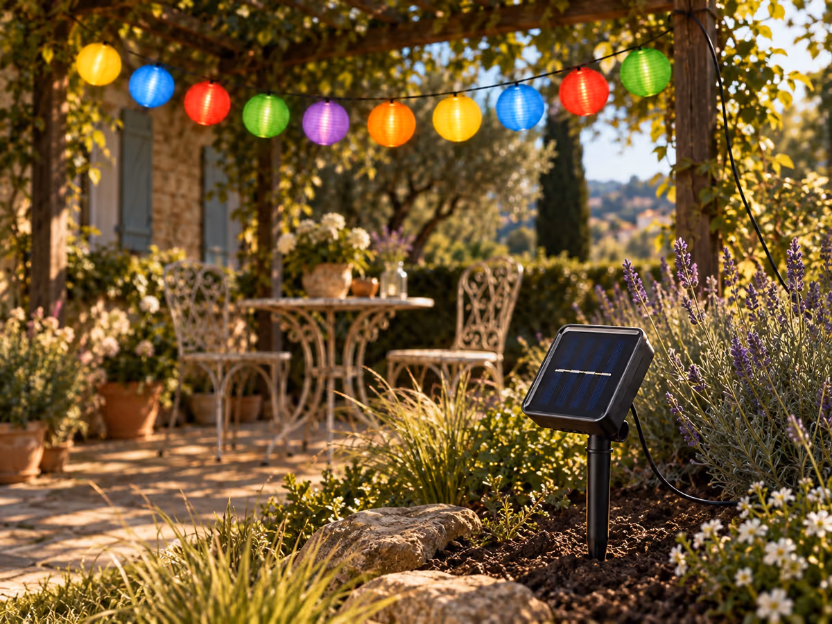 Panneau solaire planté dans la terre d'un parterre, relié par un câble à la guirlande au-dessus de la table