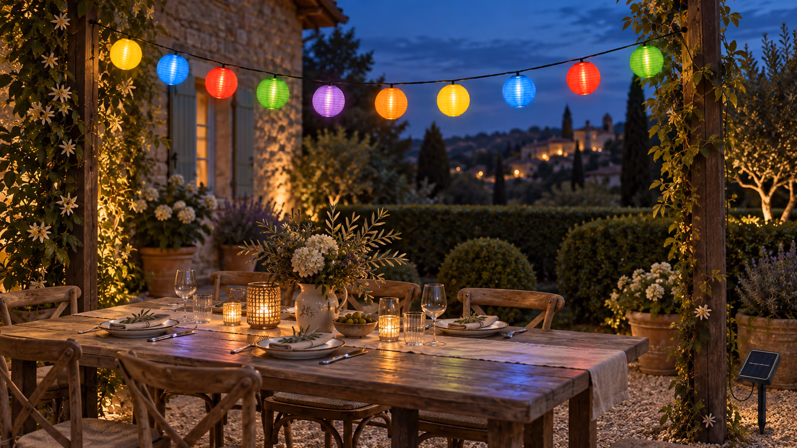 Guirlande solaire de dix lanternes de tissu colorées suspendue au-dessus d'une longue table de jardin en bois