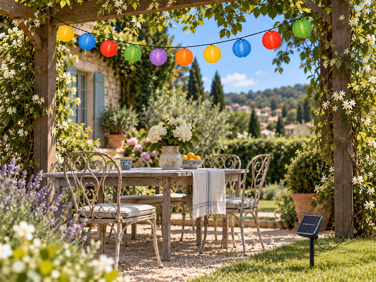 Le panneau solaire planté dans la pelouse au soleil, tandis que le câble court vers la table située à l'ombre d'une pergola en bois