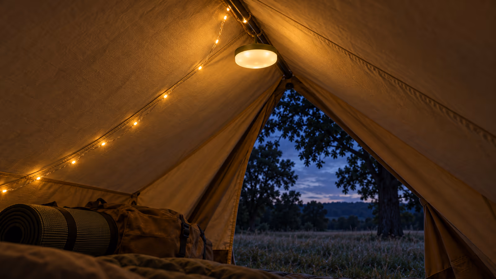 Tente montée sous un noyer au crépuscule, boîtier lumineux suspendu à l'arceau et fil blanc chaud déroulé vers les couchages