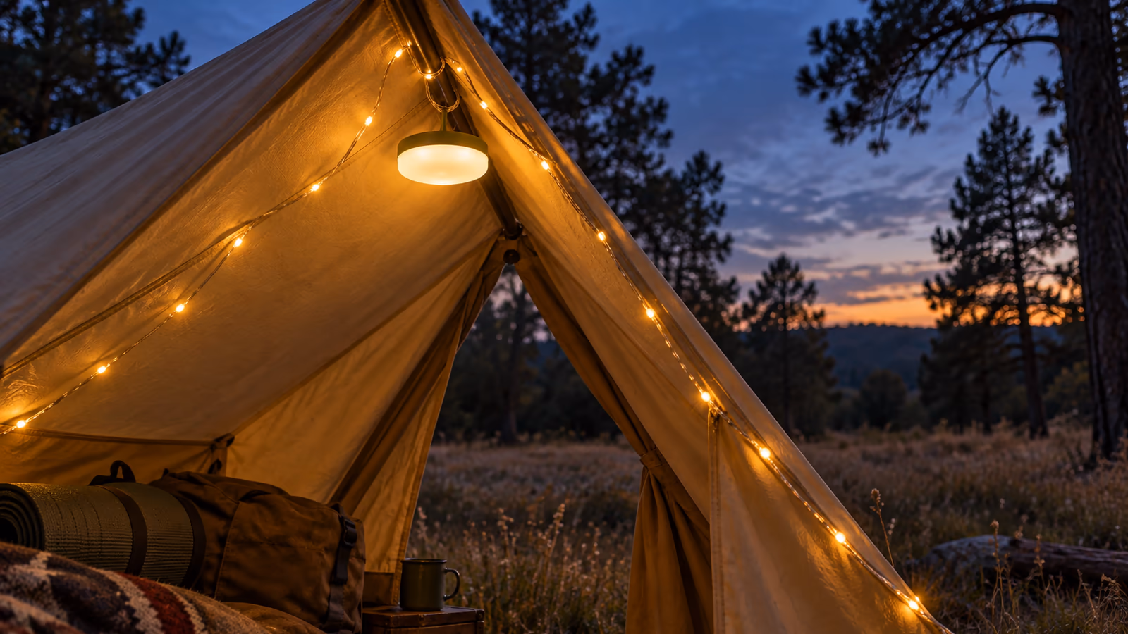 Guirlande lumineuse solaire suspendue à une tente de camping au crépuscule