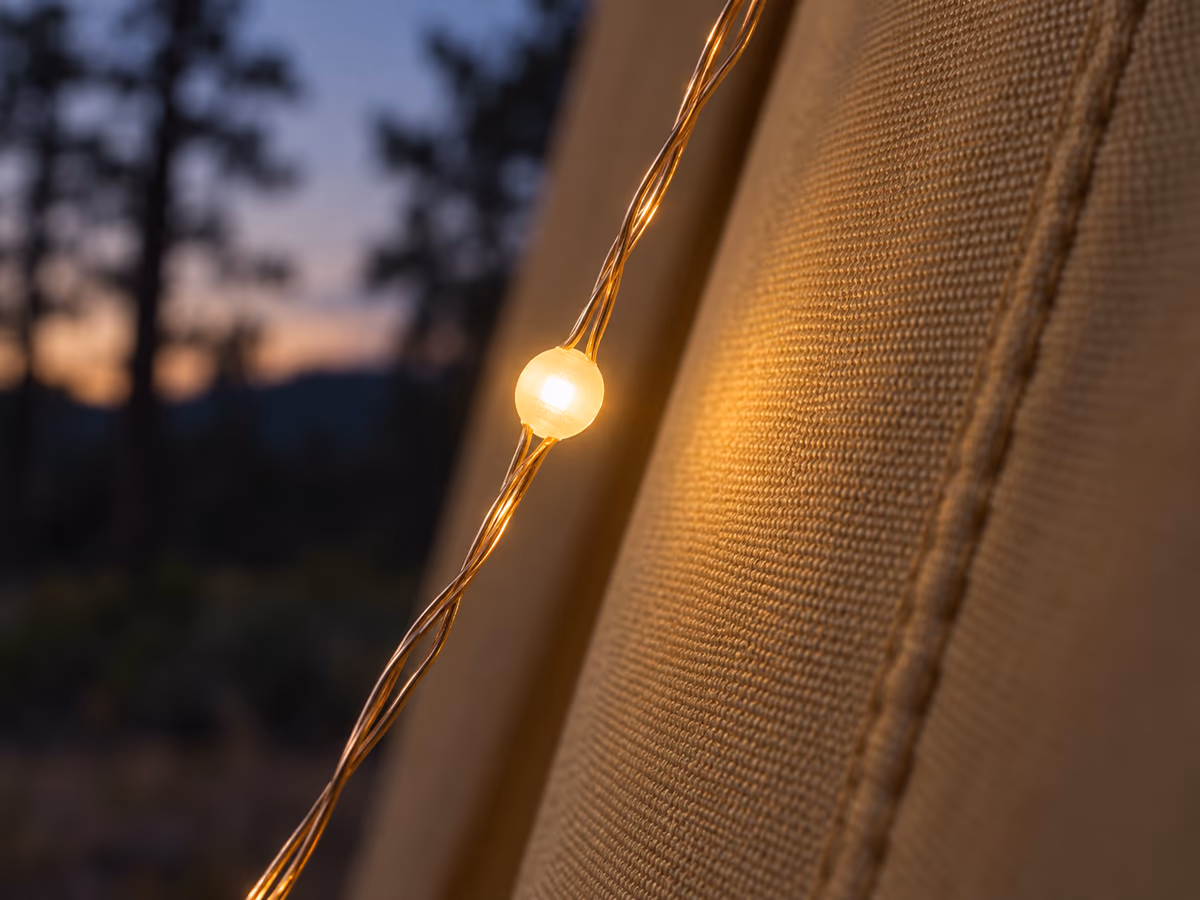 Gros plan sur une ampoule LED de guirlande solaire froide au toucher