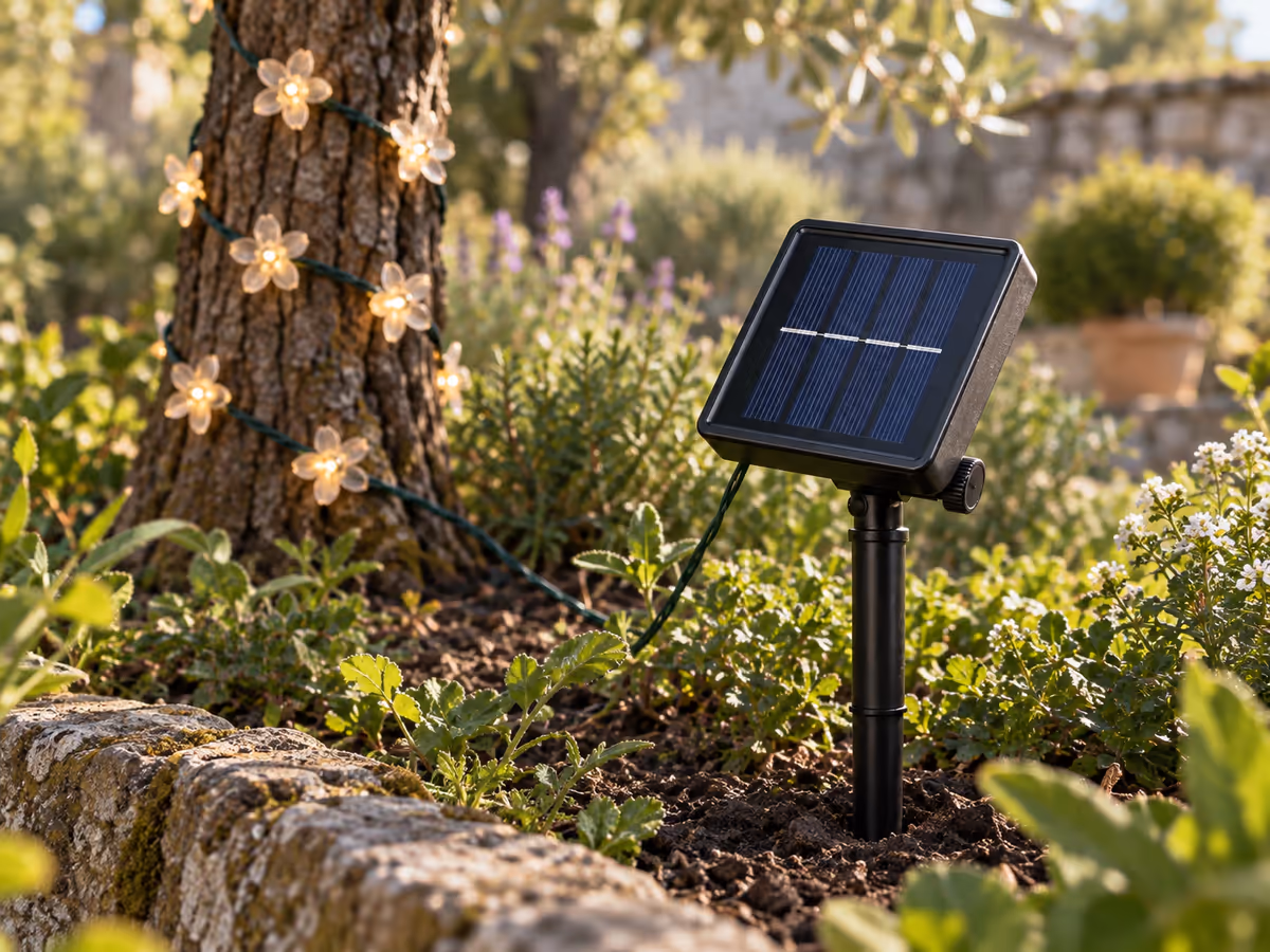 Panneau solaire carré fixé sur sa tige plantée dans un massif, tête inclinée vers le soleil, câble partant vers un tronc habillé de fleurs