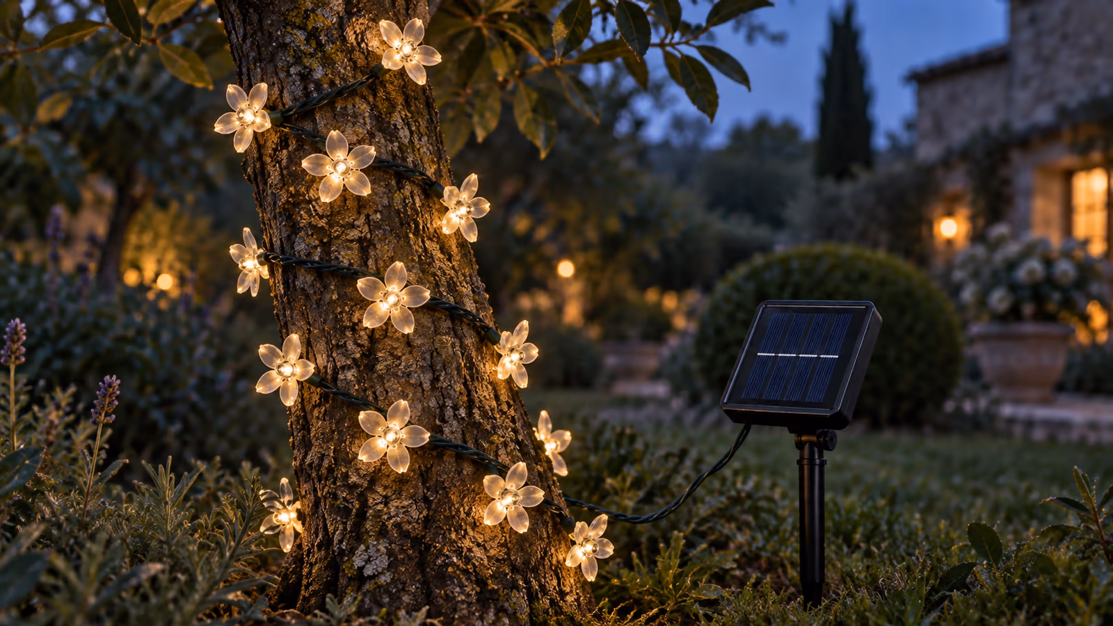 Guirlande de fleurs lumineuses enroulée autour d'un tronc d'arbre au crépuscule, fleurs blanc chaud allumées, jardin ombragé en arrière-plan