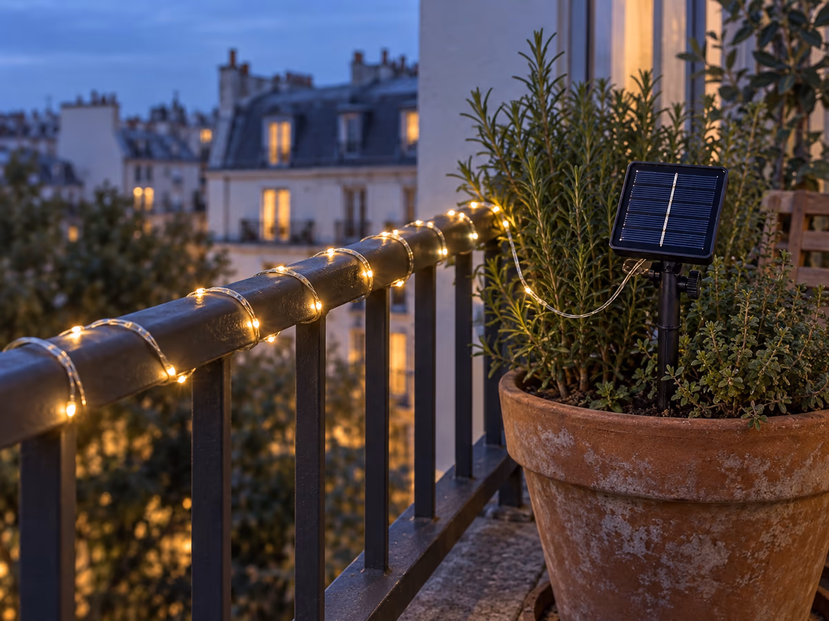 Guirlande à fil fin enroulée le long d'une rambarde métallique de balcon, à la tombée du jour, avec en second plan un pot d'aromatiques et le panneau solaire planté dedans