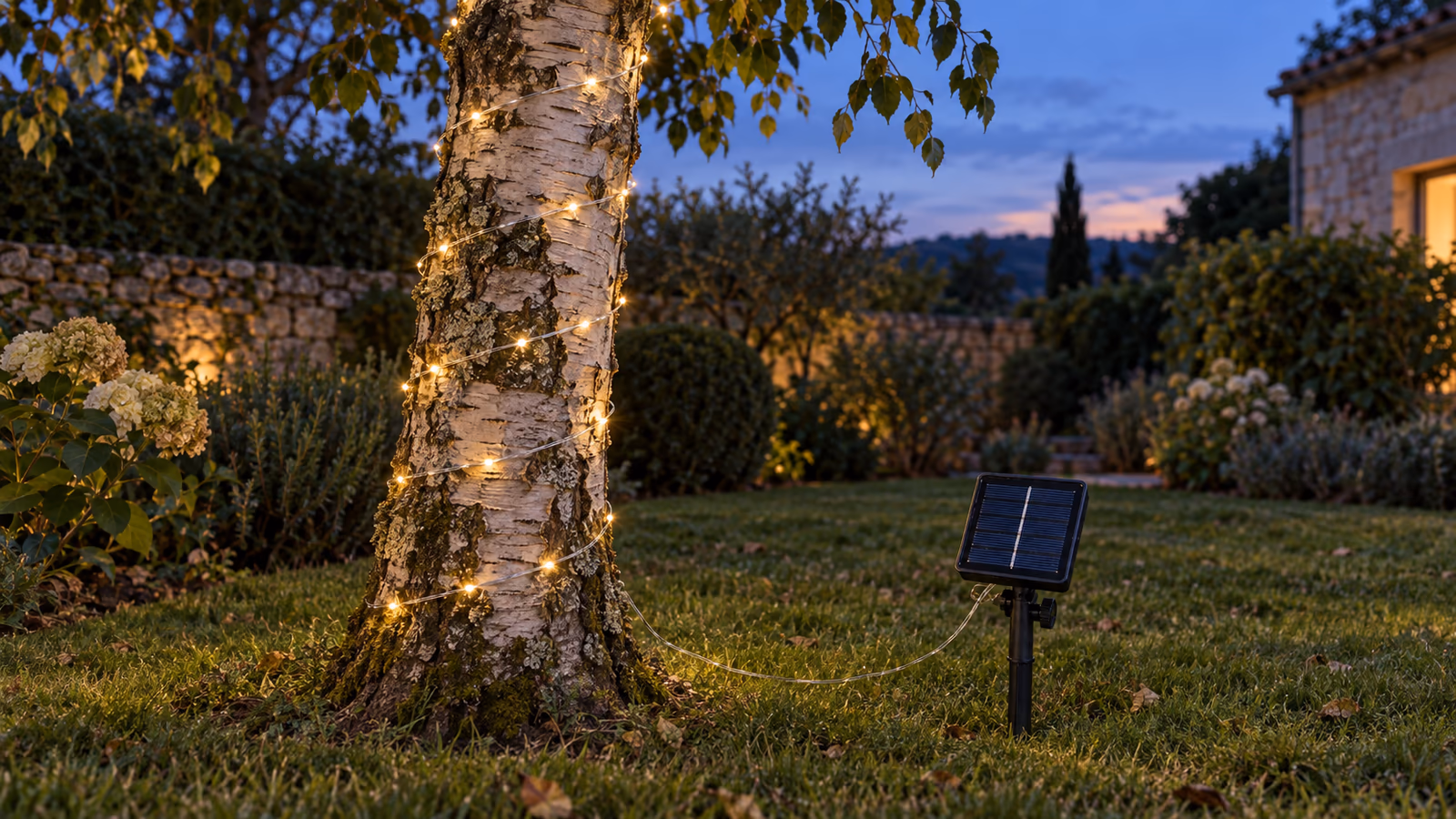 Guirlande à fil fin allumée enroulée autour d'un tronc de bouleau dans un jardin, à la tombée du jour, panneau solaire planté dans la pelouse au premier plan