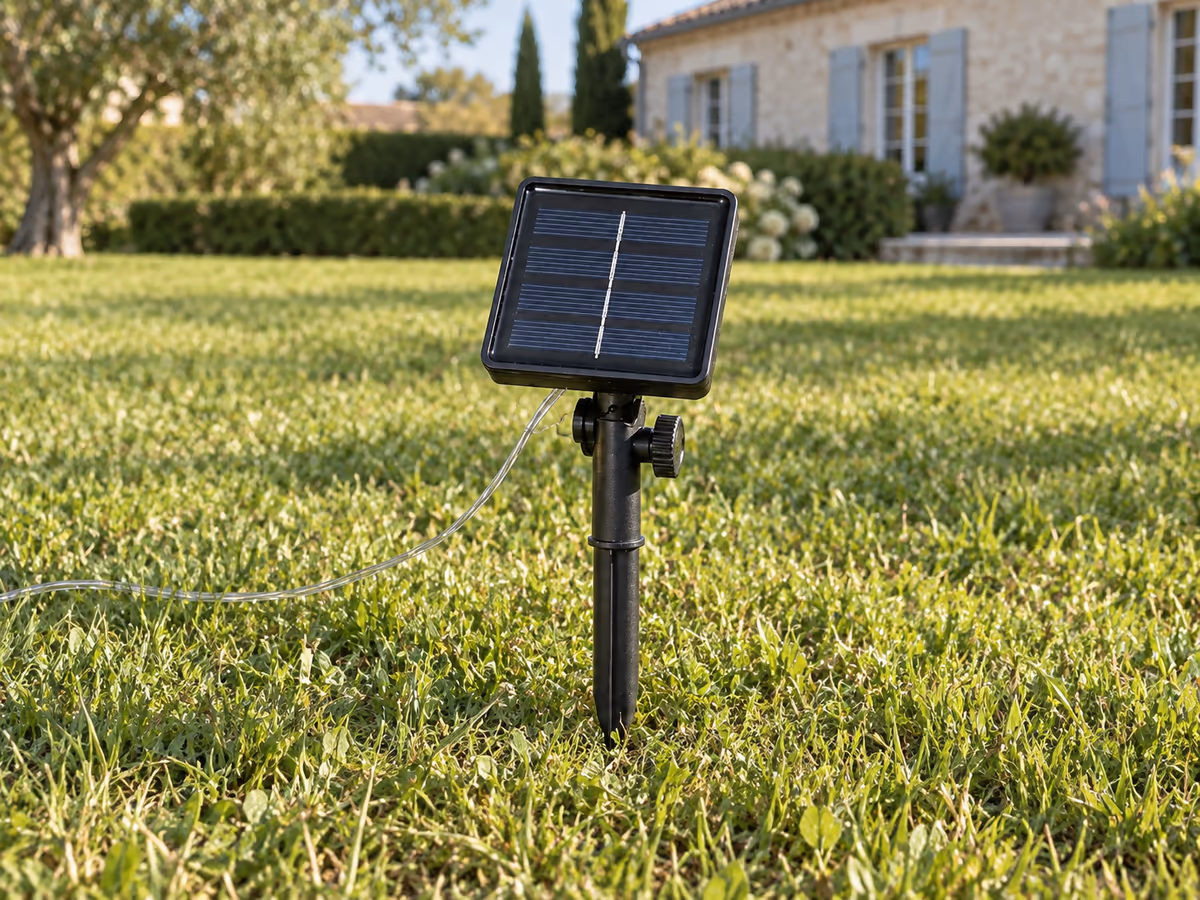 Petit panneau solaire noir sur piquet planté dans une pelouse tondue en fin d'après-midi, orienté plein sud, aucune ombre portée de feuillage à proximité