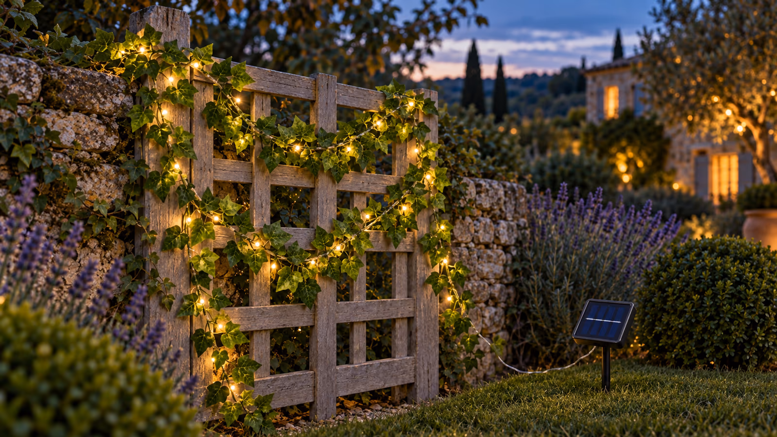 Guirlande de lierre artificiel à LED blanc chaud sur un treillis de jardin, panneau solaire planté dans l'herbe au crépuscule