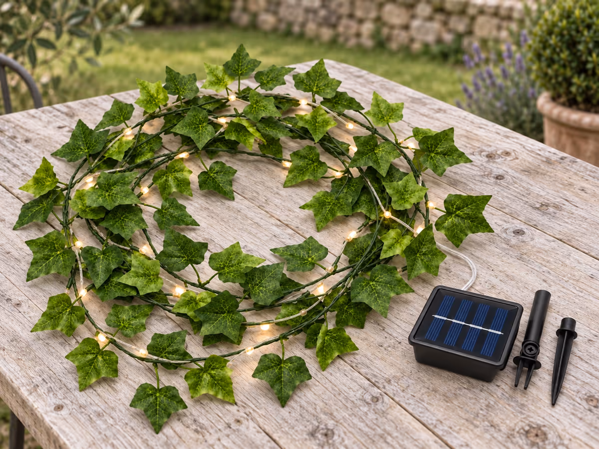 Guirlande de lierre artificiel déroulée sur une table de jardin, panneau solaire sur piquet et boîtier posés à côté
