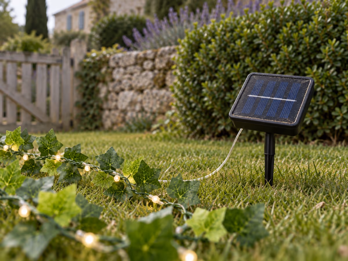 Panneau solaire noir posé au sol dans une pelouse, face supérieure poussiéreuse, feuillage de lierre vert à proximité