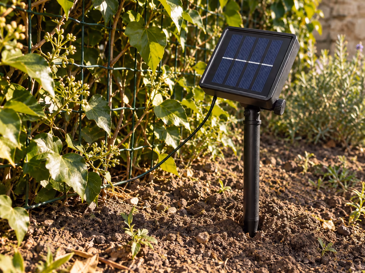 Panneau solaire carré sur piquet planté dans un carré de terre au pied d'un grillage, tête inclinée vers le soleil, feuillage en ombre derrière