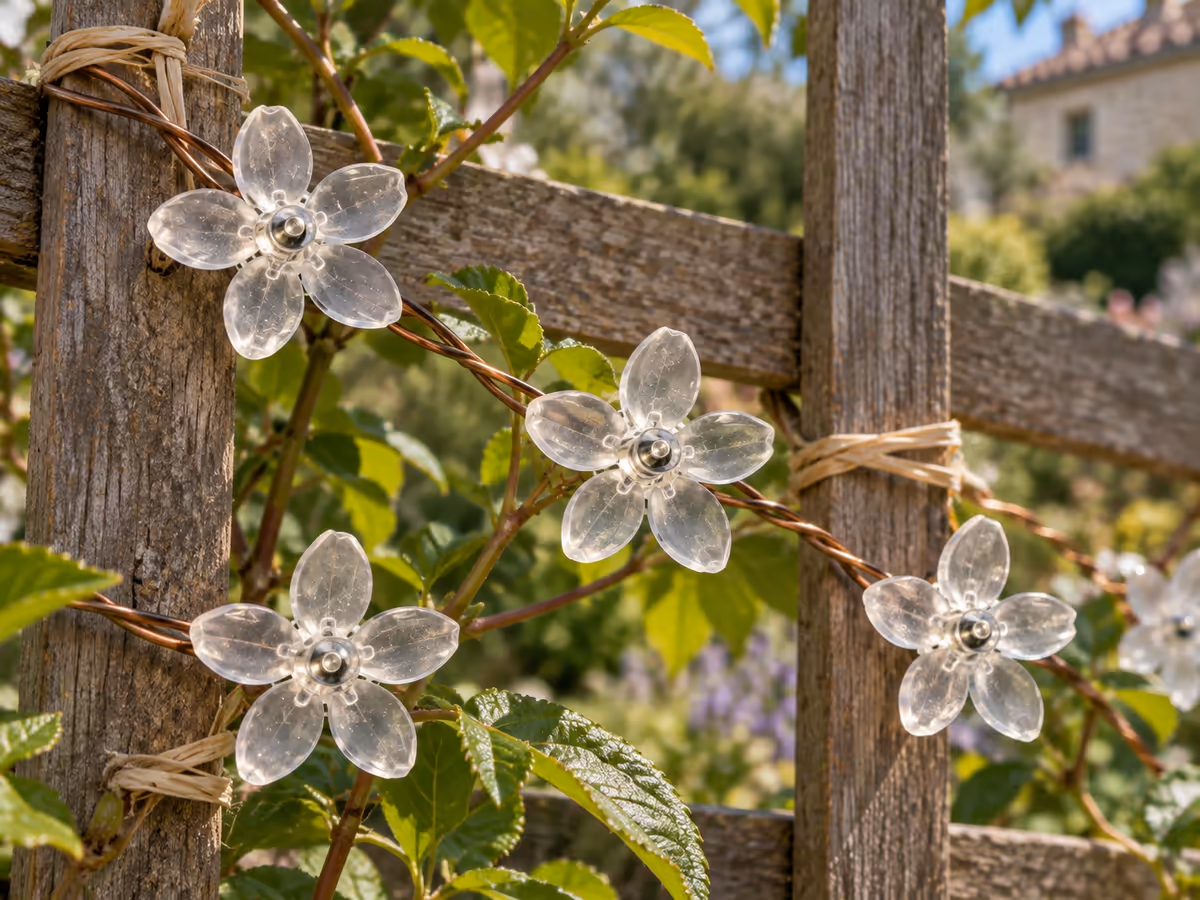 Gros plan d'un fil gainé vert posé en spires lâches autour des barreaux d'un treillis bois, fleurs translucides de 3 cm orientées vers l'extérieur, lumière du jour