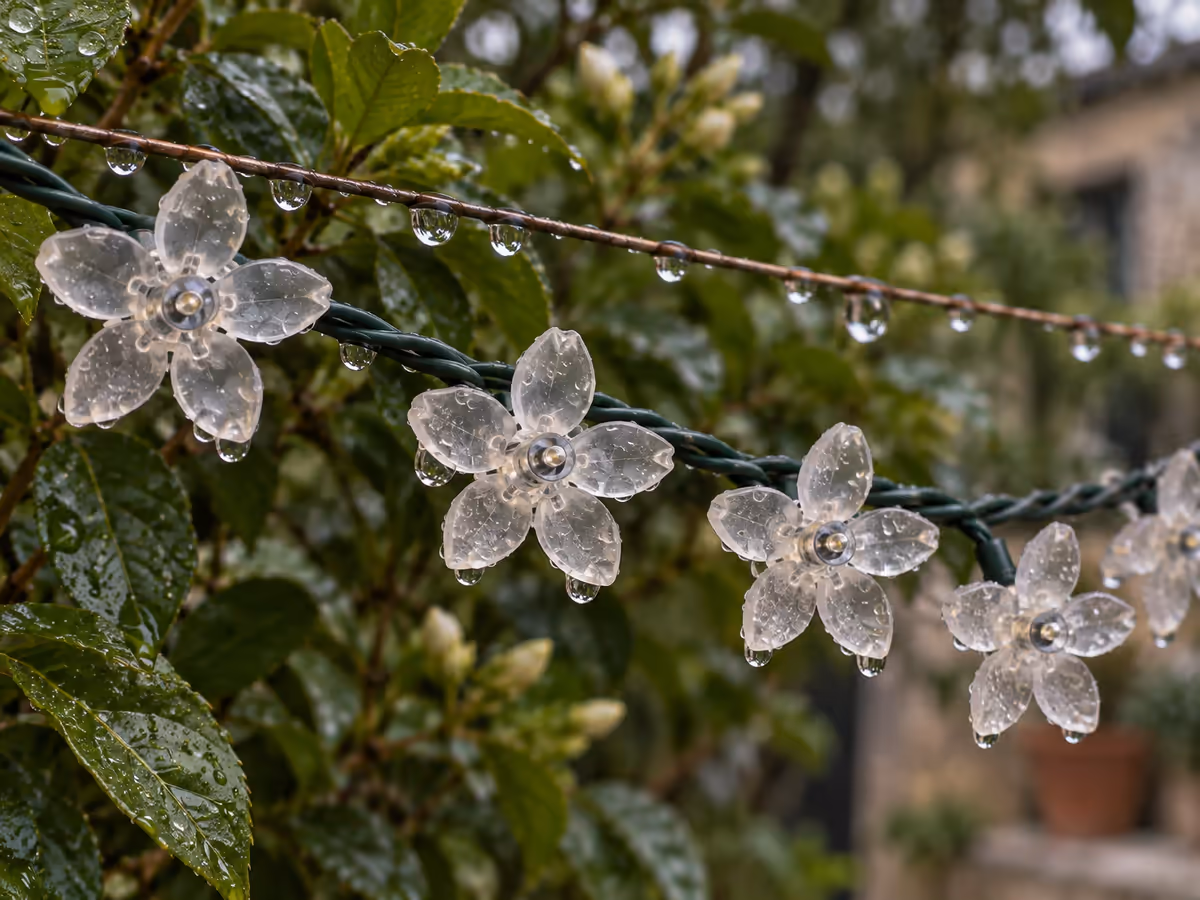 Rameau de fleurs lumineuses translucides perlées de gouttes de pluie le long d'un filin tendu, feuillage flou derrière, lumière de fin de journée