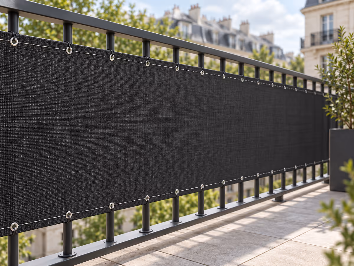 Paravent anthracite fixé en haut du barreaudage d'un garde-corps de balcon, sous la main courante, barreaux verticaux visibles sous la maille