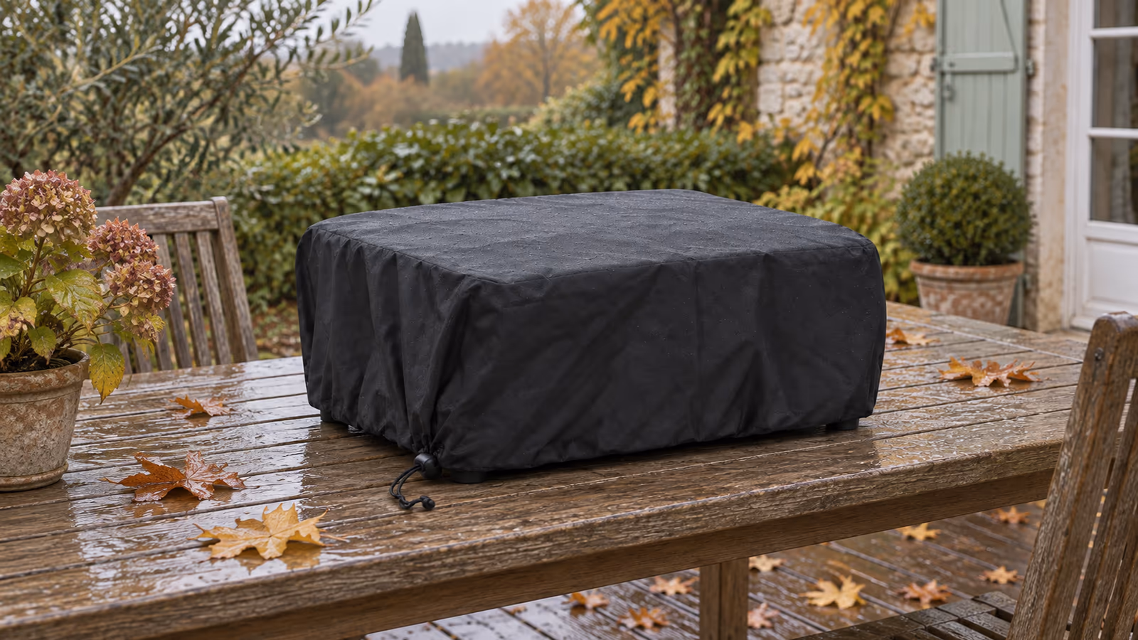 Housse noire resserrée par son cordon sur une plancha de table, terrasse d'automne humide