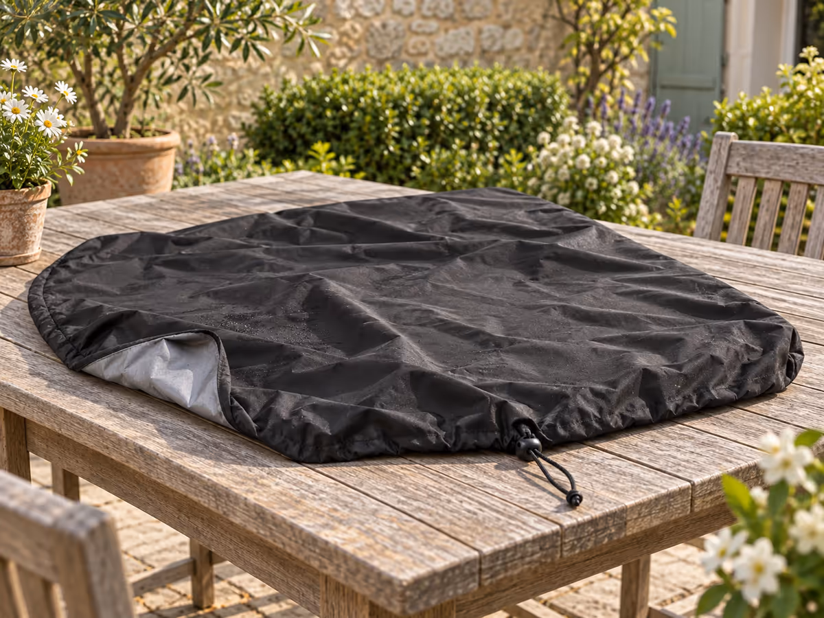 Housse noire étendue sur une table de terrasse au printemps, séchage au soleil avant pliage