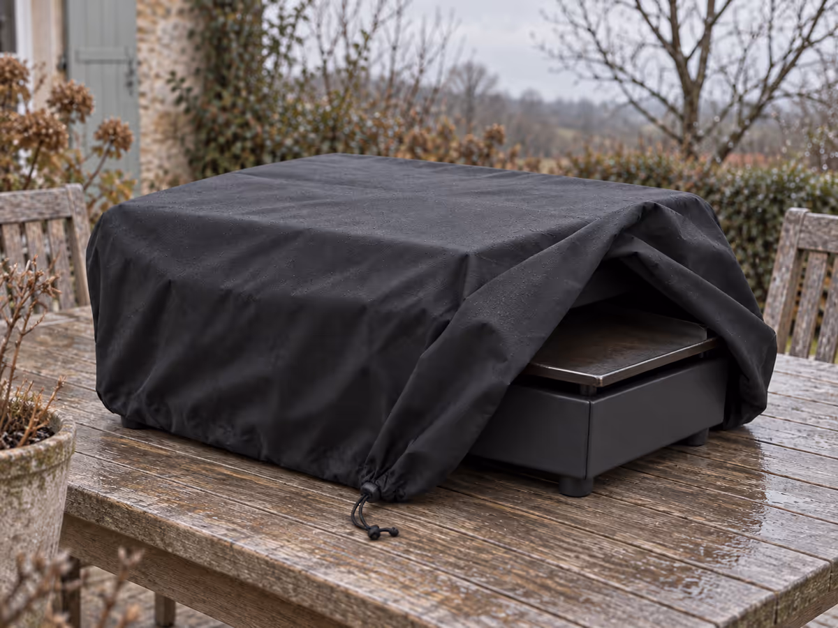 Housse noire soulevée d'un côté découvrant une plancha de table propre, terrasse en hiver par lumière grise