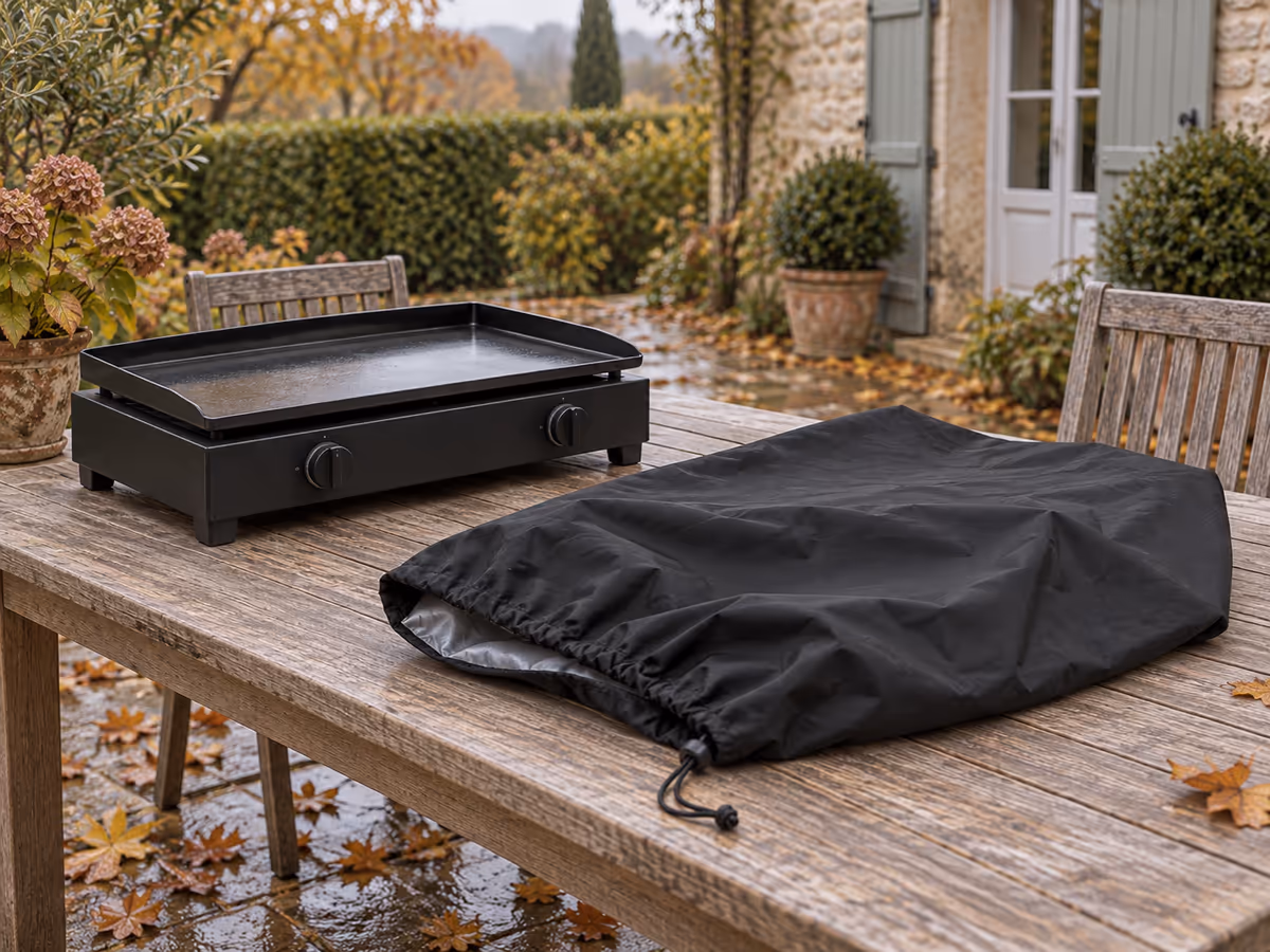 Plancha de table propre et sèche sur sa table de terrasse, housse noire dépliée à côté, feuilles mortes humides au sol