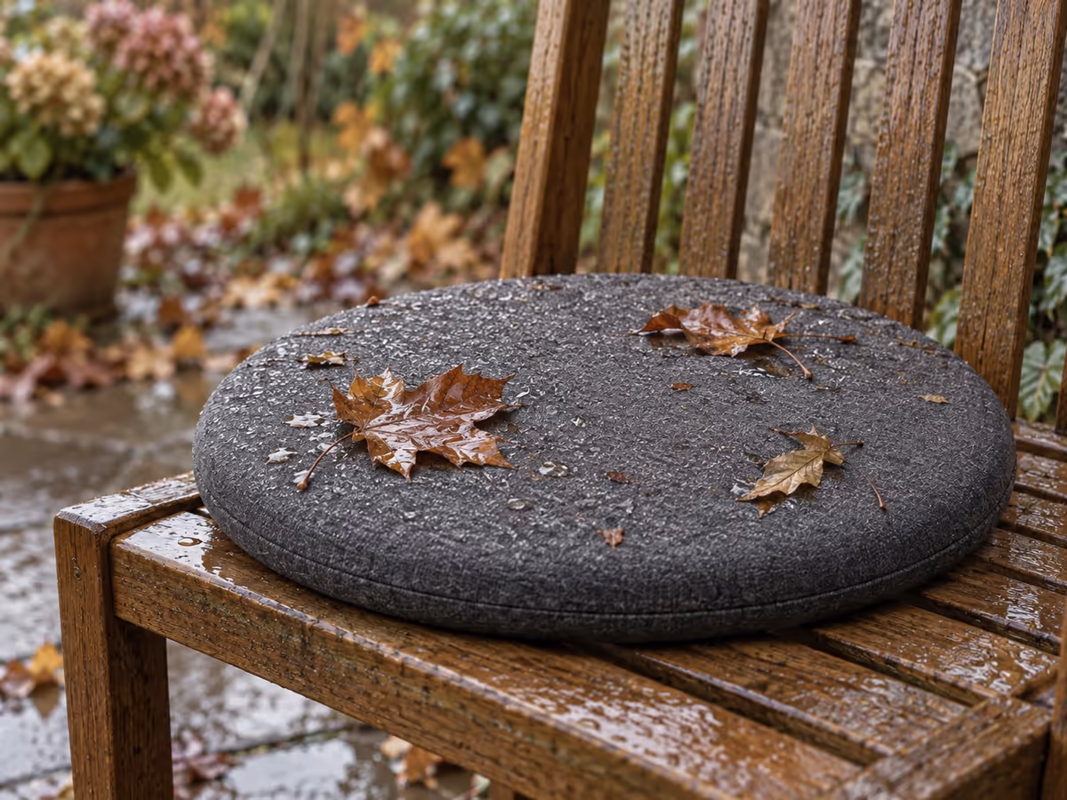 Galette de coussin gris foncé oubliée sur une chaise de jardin en bois, feuilles mortes humides collées sur le tissu, matin de pluie d'octobre