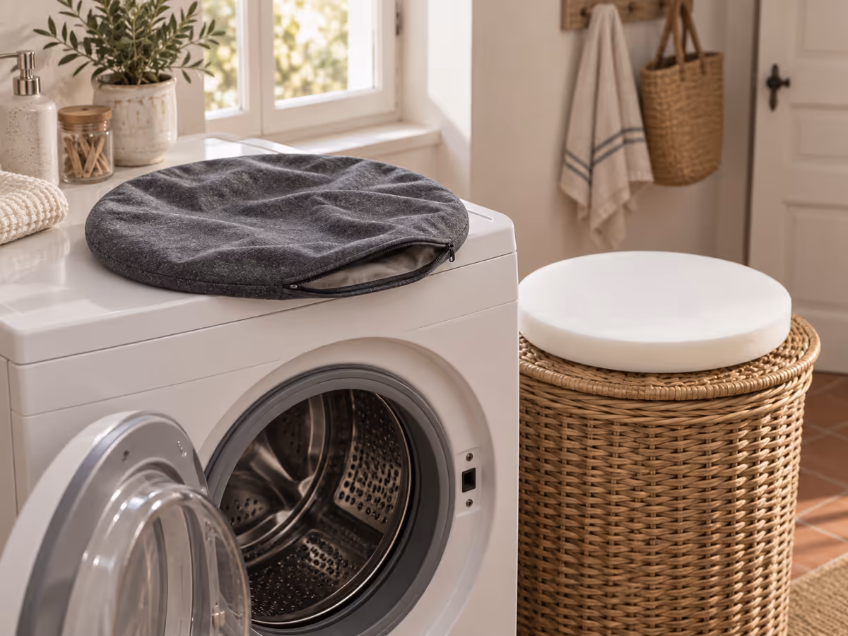 Housse de coussin gris chiné sortie d'une machine à laver ouverte, noyau de mousse blanc posé à plat à côté sur un panier à linge
