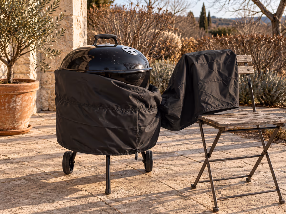 Couverture noire à moitié retirée d'un gril à charbon rond un jour d'hiver ensoleillé, toile séchée sur une chaise de jardin