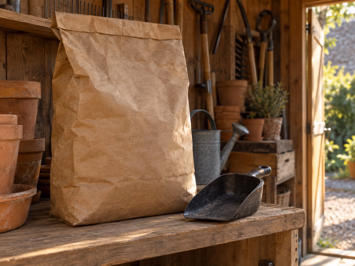 Sac de charbon de bois en papier posé sur une étagère d'abri de jardin, à côté d'une petite pelle en fer, lumière douce de fin de journée