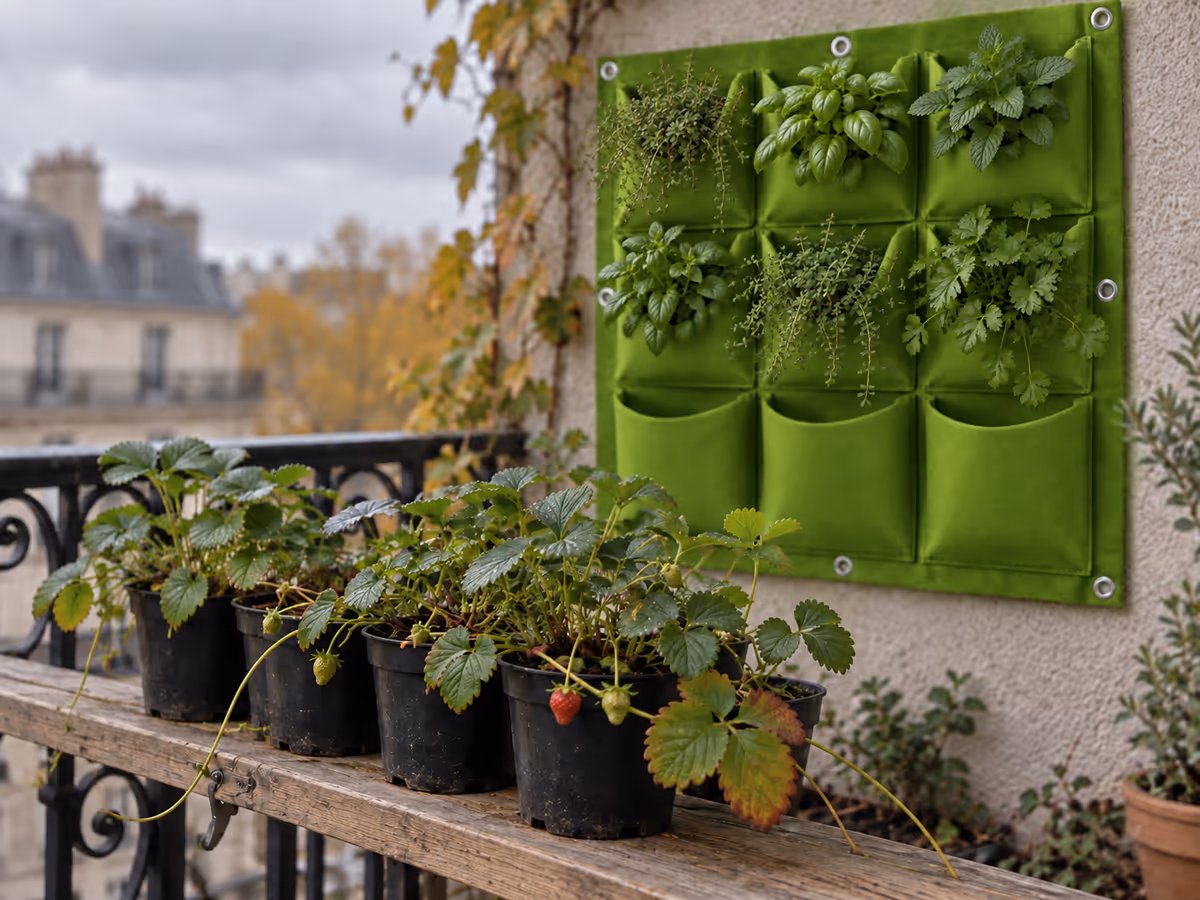 Fraisiers en godets alignés sur une planche de balcon, panneau de feutre à moitié vide accroché au mur derrière, ciel gris d'automne