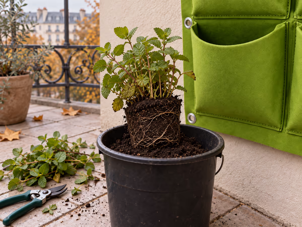 Motte de terreau d'une pochette de feutre tenue au-dessus d'un seau, tiges de menthe coupées posées à côté, lumière basse d'octobre sur un balcon