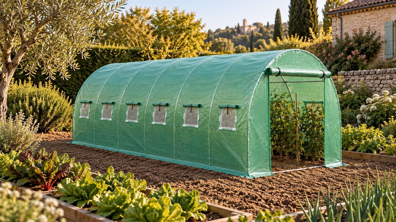 Couverture de serre tunnel en polyéthylène vert déroulée sur une armature métallique, dans un potager en fin d'été