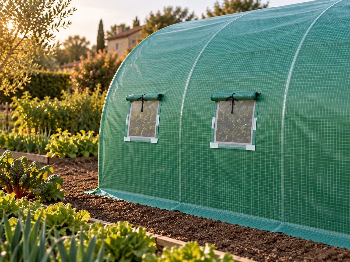 Armature métallique d'une serre tunnel recouverte d'une toile verte translucide, dans un jardin potager, lumière de fin de journée