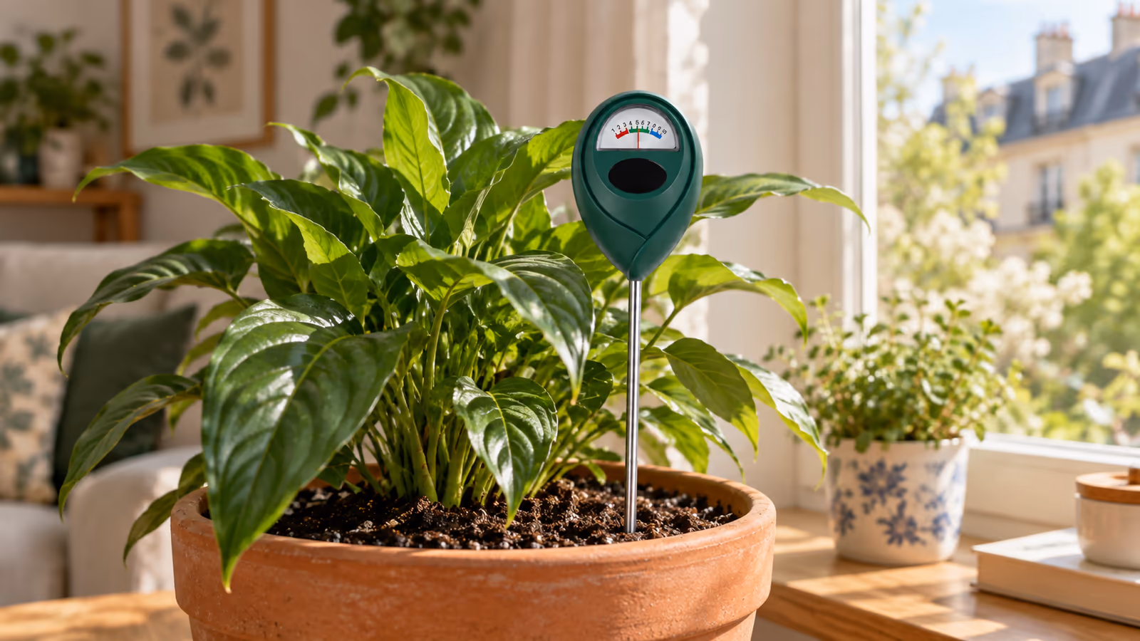 Humidimètre vert à longue tige planté dans le terreau d'un pot de plante verte, cadran à aiguille tourné vers la lumière