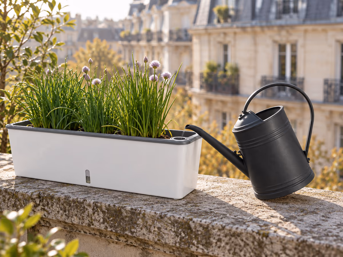 Arrosoir à bec fin posé contre le rebord gris d'une jardinière, eau visible au bas de la fenêtre de niveau