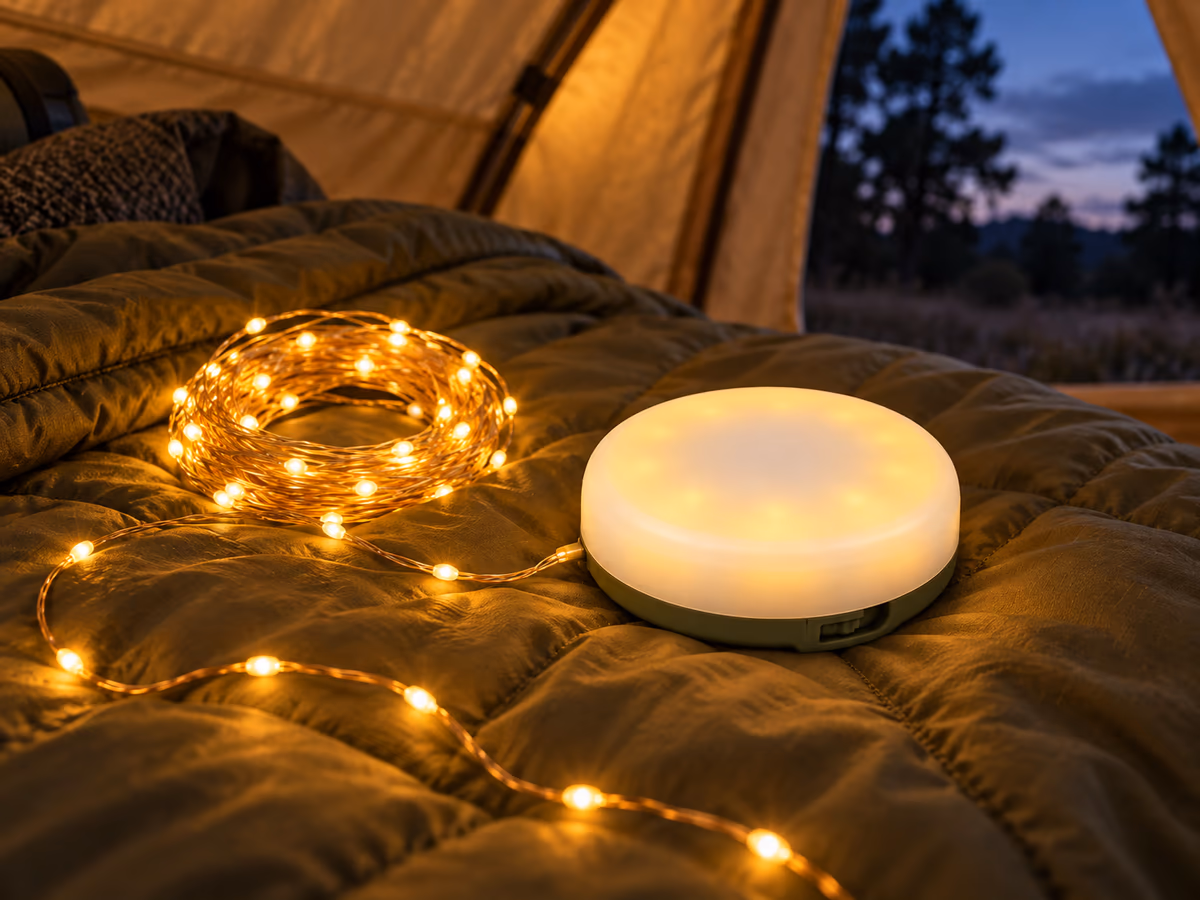 Main déroulant le fil lumineux d'un boîtier de camping
