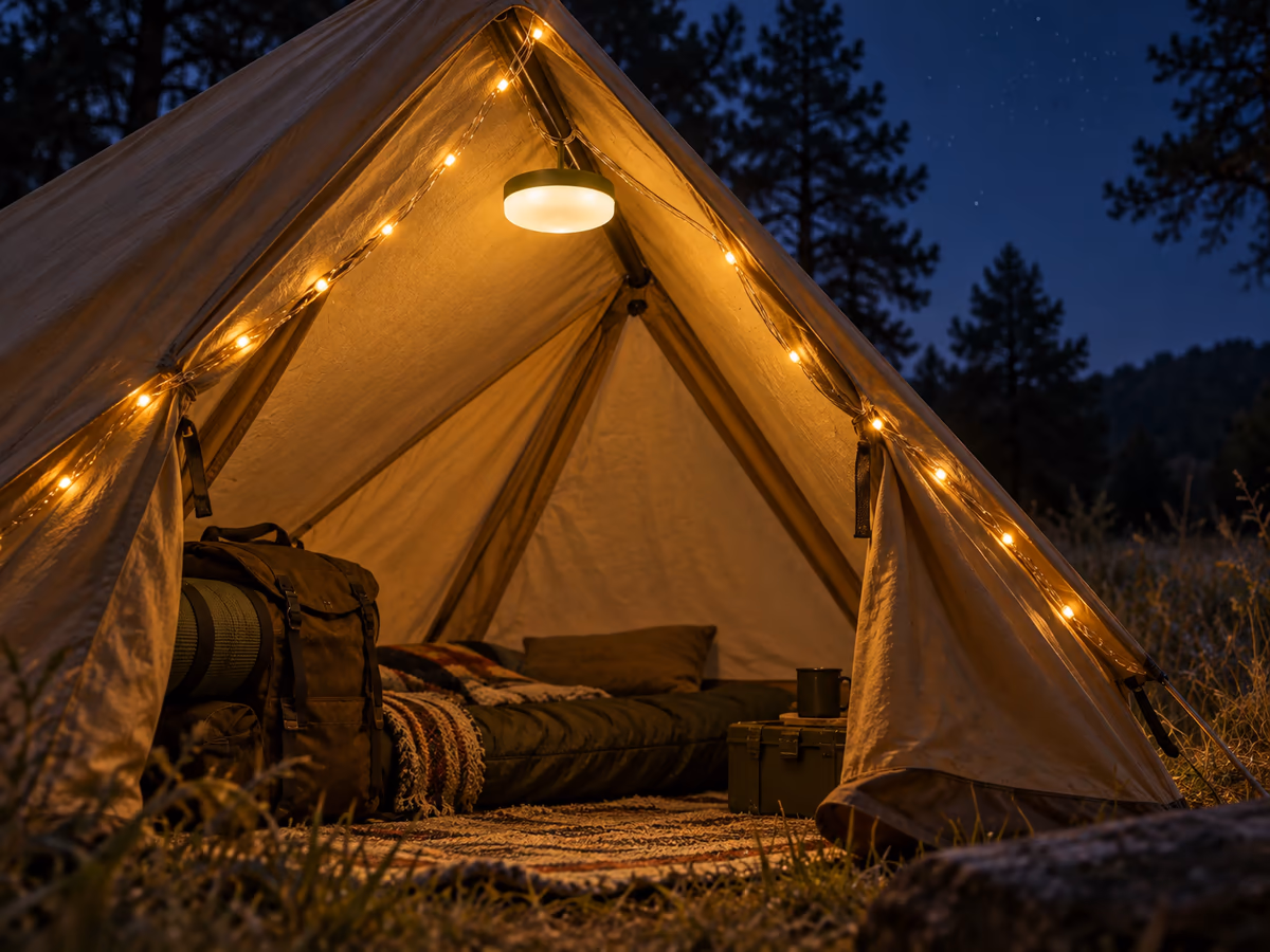 Guirlande lumineuse allumée de nuit autour d'un campement