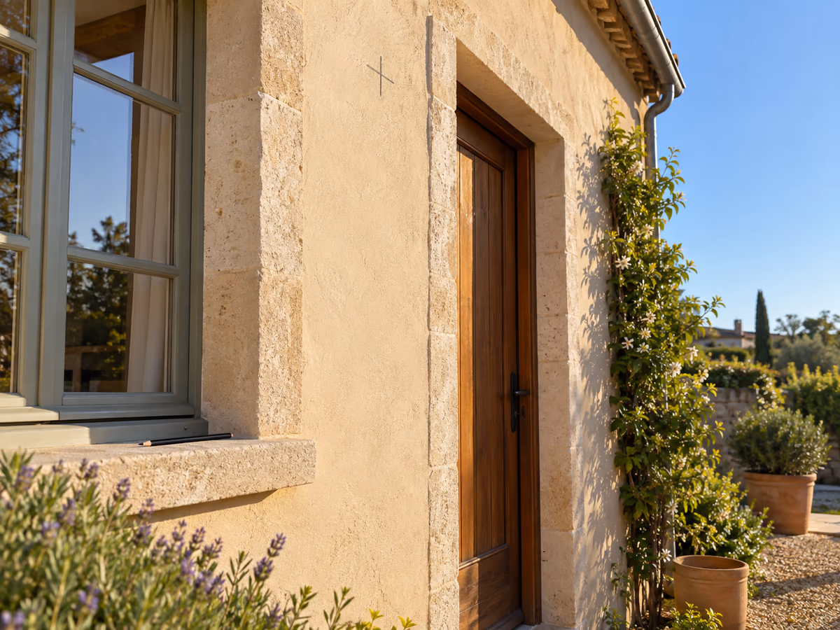 Façade de maison en fin d'après-midi, emplacement au-dessus d'une porte de service repéré au crayon de bois sur l'enduit, ciel dégagé au-dessus du mur