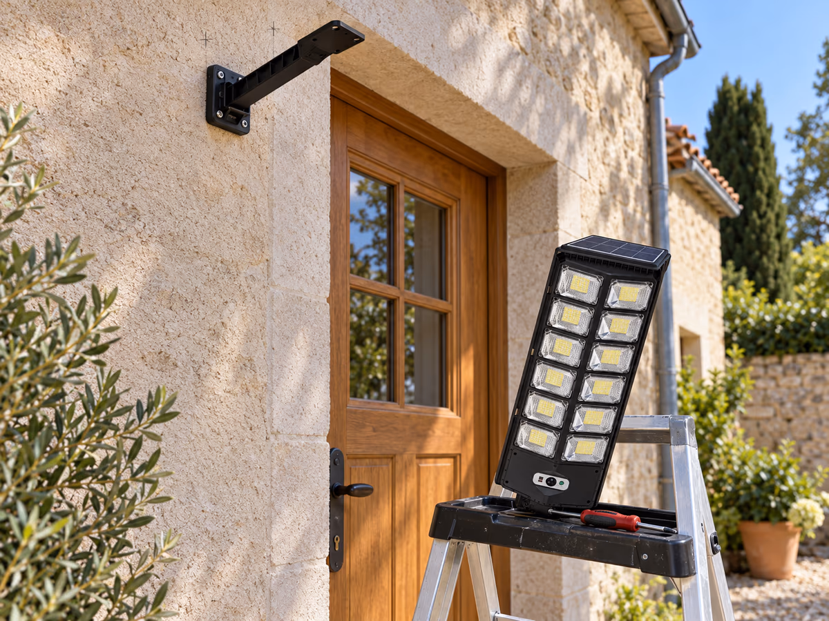 Bras de fixation noir vissé au-dessus d'un encadrement de porte en bois, trous repérés au crayon, applique solaire inclinée vers le bas encore éteinte en plein jour