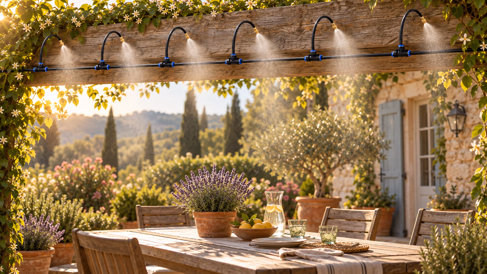 Ligne de brumisation fixée en hauteur sous une pergola de terrasse en bois, brume fine suspendue au-dessus d'une table de jardin